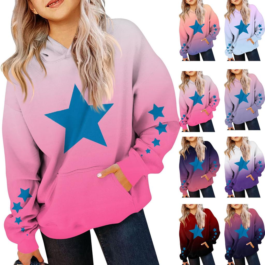 Girls Long Sleeve Printed Gradient Color Children's Hooded Pocket Sweatshirt