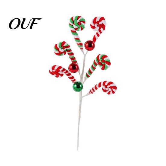 Festival Candy Cane Branch Christmas Pick, Red White Green Plush Stem, Festive Decor for Vase Filler, Wreath, Xmas Tree Decoration Filler