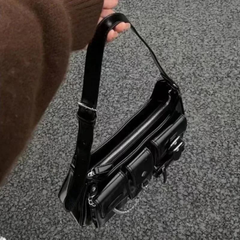 Womens Shoulder Bag Harajuku Fashion Gothic Casual Black Chains Handbag Girls Pu Leather Ladies Motorcycle Bag Sac