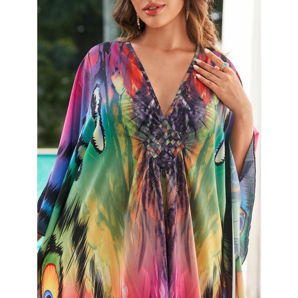 Женское платье-кафтан в стиле бохо большого размера с контрастным принтом свободного кроя Vacay Beach