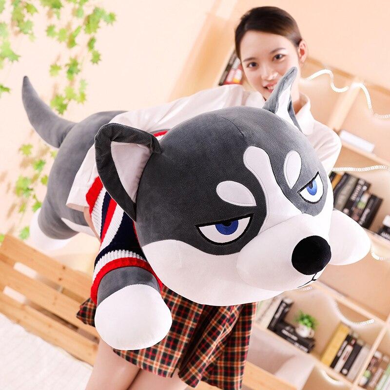 Funny Dressed Husky Pillow Stuffed Doll Stripe Sweater Soft Husky Lying Plush Toy Charming Dog Animals Kids Birthday Gift