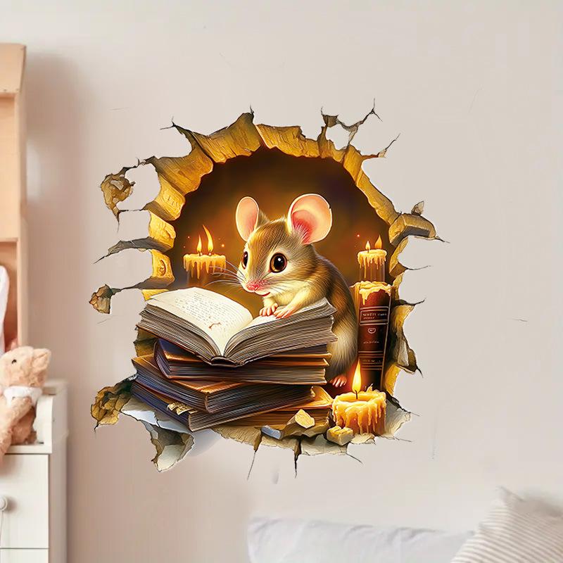 Уютная Мультяшная Мышь Читает Книгу при Свечах в Мышиной Норе Наклейка на Стену Туалета Самоклеящаяся Ванная Комната Домашний Декор Искусство Оптовая Продажа