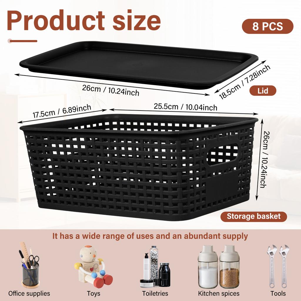 8 шт. Пластиковая корзина для хранения, штабелируемый настольный органайзер, контейнер с ручкой и крышкой, плетеный органайзер с полыми сторонами