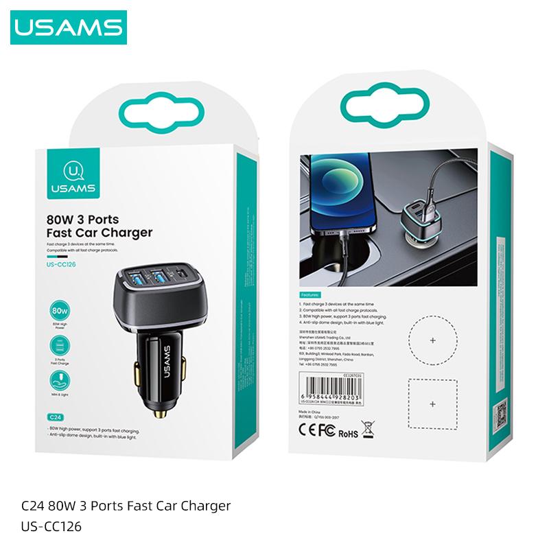 USAMS 80 Вт, 3 USB-порта, быстрое автомобильное зарядное устройство PD QC 3,0 AFC FCP, зарядное устройство для телефона iPhone Xiaomi Huawei Samsung телефон-планшет