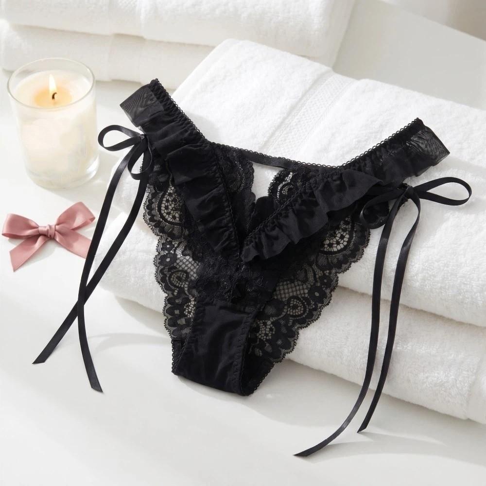 Bow Ribbon Lace Flower Transparent Briefs Mesh Female Lingerie Ruffle Floral Bowknot Panties Girl