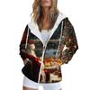 Women's Christmas Printed Sweatshirt Autumn Winter Long Sleeve Cardigan Jacket With Pockets Zipper Hoodie Outerwear