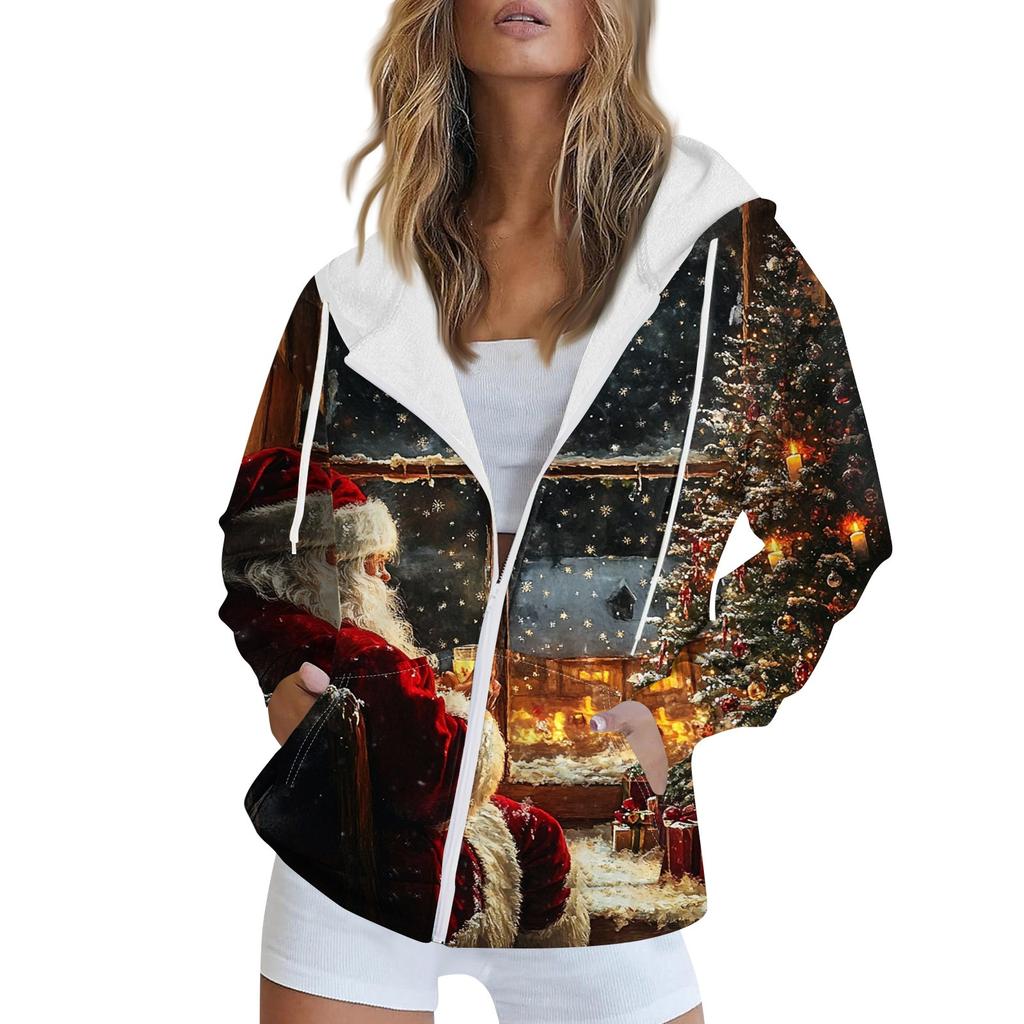 Women's Christmas Printed Sweatshirt Autumn Winter Long Sleeve Cardigan Jacket With Pockets Zipper Hoodie Outerwear
