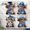 Interior Decoration Pieces 4Pcs Christmas Highland Cow Figurine, Winter Blue Yak Statues with Snowflakes Xmas Healing Style Home Hats, Farmhouse