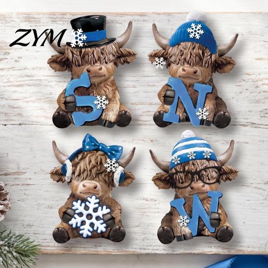 Interior Decoration Pieces 4Pcs Christmas Highland Cow Figurine, Winter Blue Yak Statues with Snowflakes Xmas Healing Style Home Hats, Farmhouse