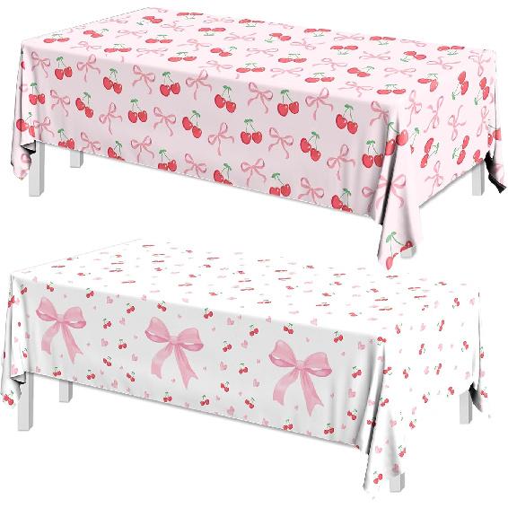 Bow Table Cloth,2 PCS Cherry Tableclothes,Pink Bow Waterproof Disposable Plastic Tablecovers for Birthday Bridal/Baby Shower Cherry-Themed Party