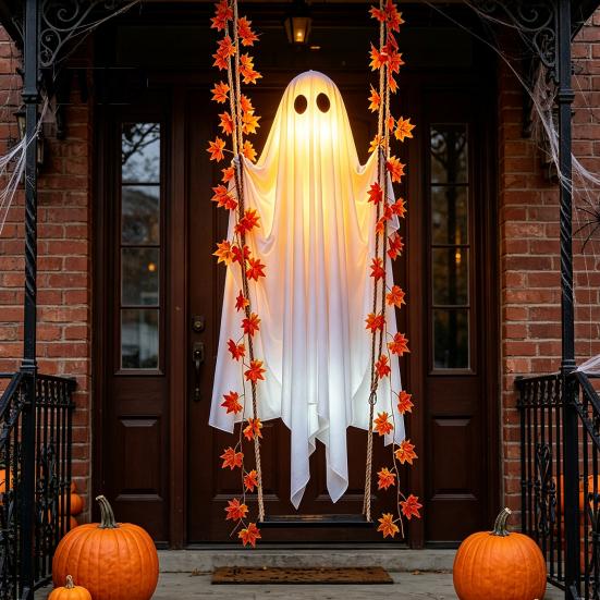Outdoor Halloween Decorations Hanging Swing Ghost, Light Up Swinging Ghost with Maple Leaf Seasonal Garden Party Ornaments Vine Lights And Remote