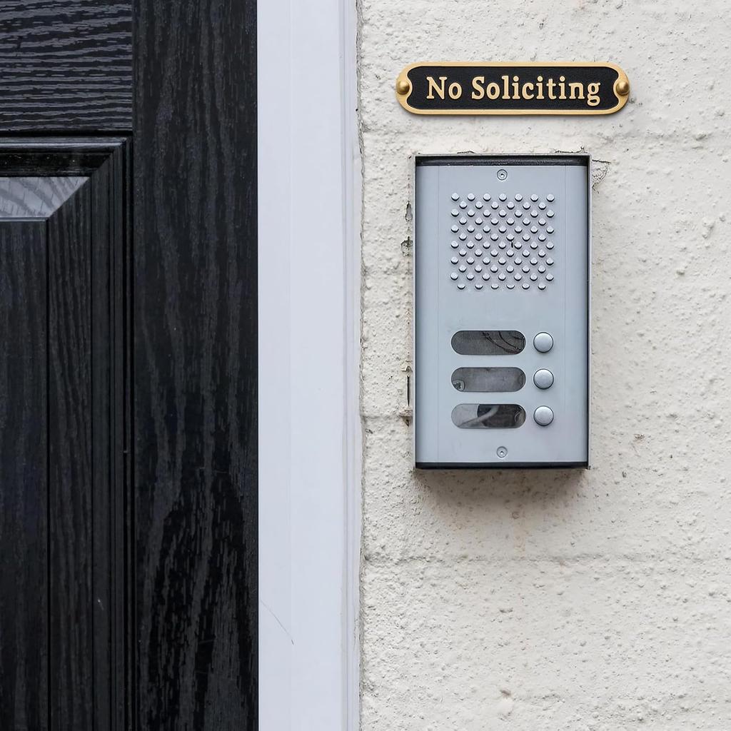 Brass No Soliciting Sign 6.5" - Brushed Matte Finish, Hidden Screws and Nanotape Adhesive, Classic Design for Front Door, Wall Decor, Home, Office,