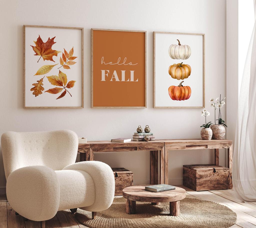 3pc Orange Hello Fall Printable Wall Art, Fall Leaves Print, Watercolor Pumpkin Autumn Print, Fall Quote Poster, Farmhouse Decor