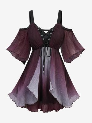 Rosegal Plus Size Ombre Lace-Up Grommets Ruffles Кружевная отделка Блузка с открытыми плечами