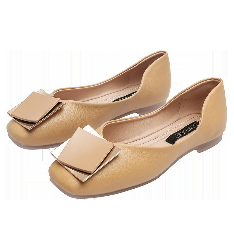 Женские туфли на плоской подошве 33-43 с квадратным носком на плоской подошве Весна-лето Хаки Абрикосовый Офисные женские мокасины-Gommino Рабочая обувь Кожа