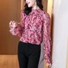 Шифоновая блузка с цветочным принтом для женщин, рубашка с длинными рукавами и деревянным краем, новая модная шикарная милая рубашка-топ