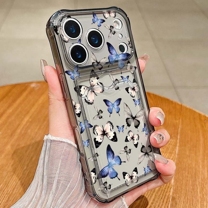Clear Card Slot Phone Case For iPhone 17 18 Pro Max Butterfly Print Card Holder Cover For iPhone 16 15 14 13 Pro Max 17E