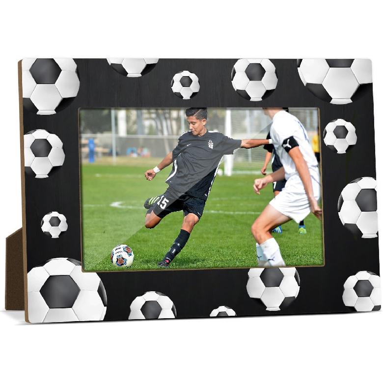Soccer Balls Wooden Picture Frame, Birthday Gifts for Team Players Coach Brother Friends, Black and White Soccer Picture Frame Fits 4x6 Inch Photo,