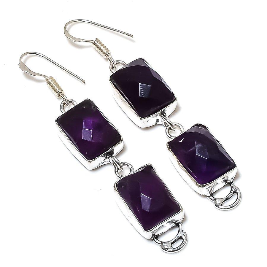 Amethyst Gemstone Handmade 925 Sterling Silver Gift Jewelry Earring 2.52" L1Y46
