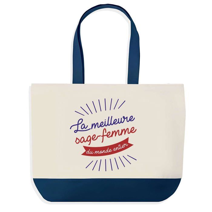 Tote bag - PLANETEE - Sac shopping fond bleu Sage-Femme Meilleure du Monde - Coton - 40 x 45 cm - Grand format