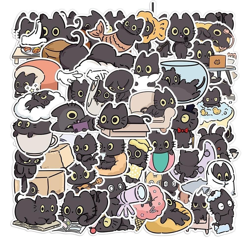 50Pcs Waterproof Cute Kitten Sticker Cartoon Funny Meme Sticker Kawaii Black Cat Sticker Skateboard