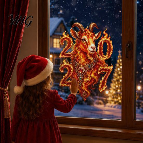 Easy Apply Window Decal Chinese New Year Decoration, 2027 Goat Static Clings, Zodiac Glass of Sheep Decals, Reusable Lunar Christmas Decor for
