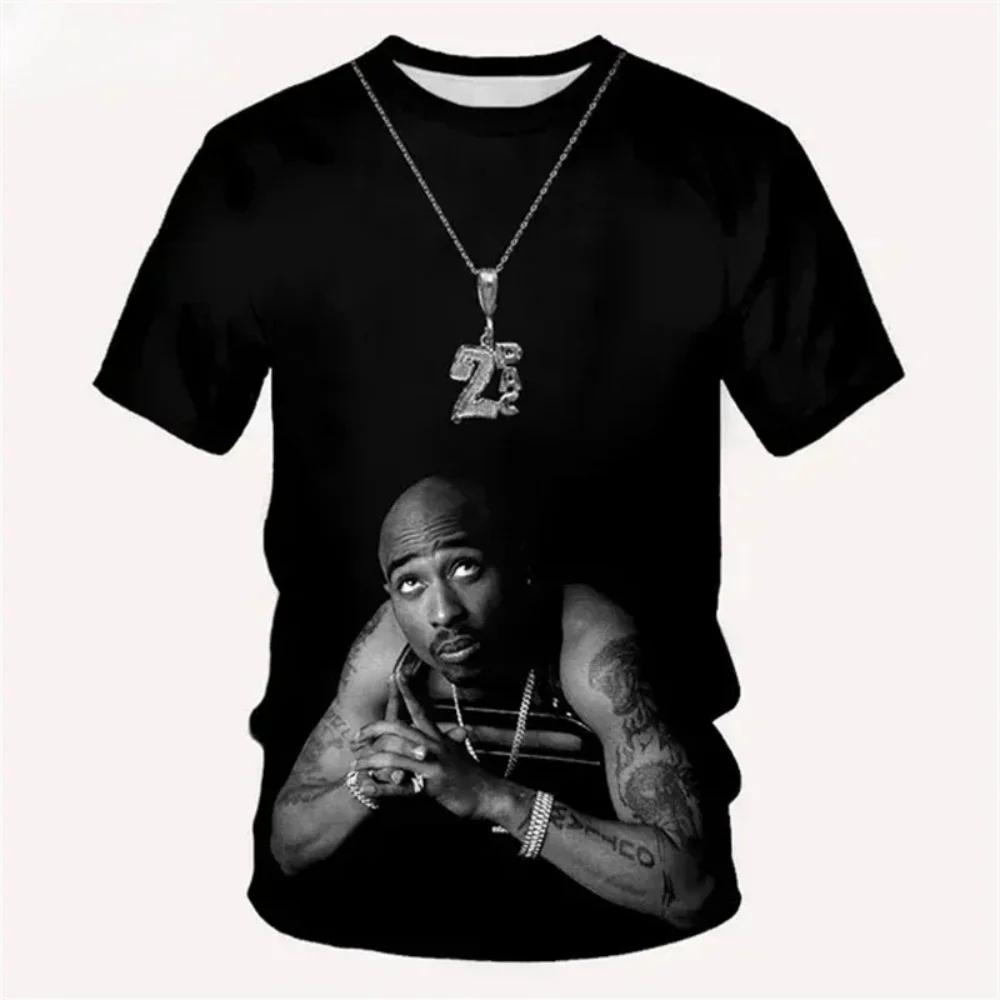 Fashionable 2pac Pattern 3D Printed Hip-hop Men's Clothing Summer Casual Fashion Round Neck Top Street Trend Harajuku Short Sleeved T-shirt