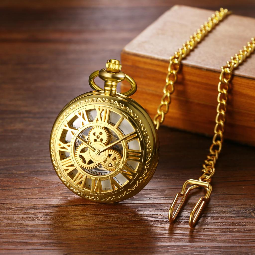 Pocket Watch Automatic Skeleton Antique Roman Analog Display Pocket Watch Waterproof Pendant Watch with Chain Gold Birthday Anniversary Christmas Day