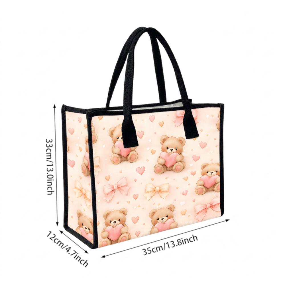 Cute Teddy Bear Printed Tote Bag Casual Lightweight Shopping Handbag for Daily Use