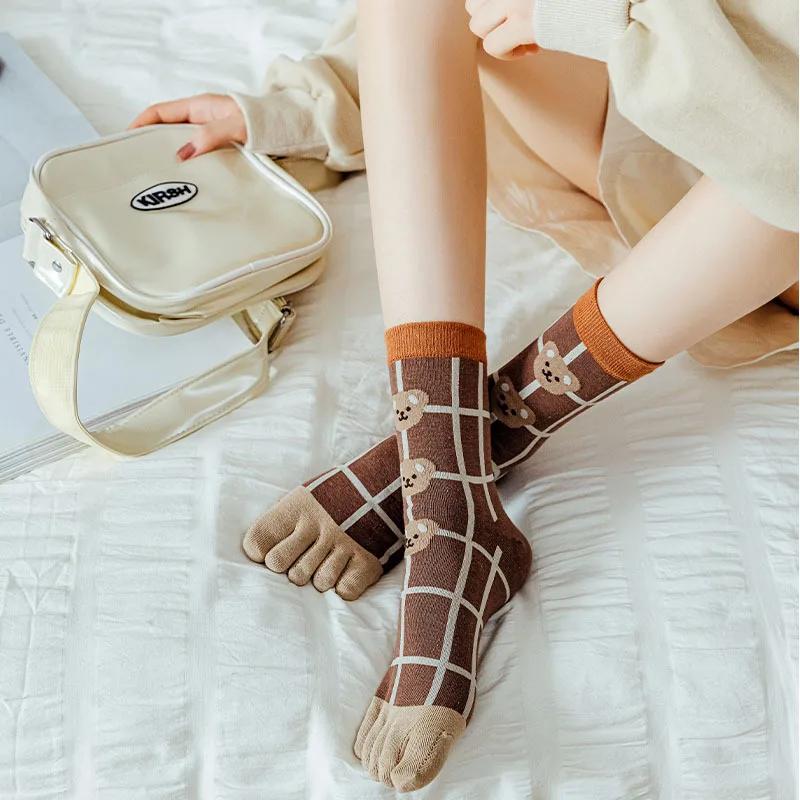 2 Pairs Five Finger Women Animals Cartoon Print Japanese Cute Socks Casual Plaid Floral Vintage Female Sock