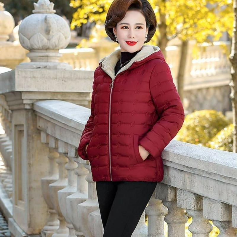 Brand Women's Autumn and Winter Coat Short Printed Hooded Solid Color Plus Fleece Padded Jacket