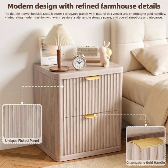 Modern End Table Fluted Nightstand, Large 2 Drawer Bedside Table, Wood 2-Drawer Night Stand with Curved Corners, Metal Handle for Bedroom, Living