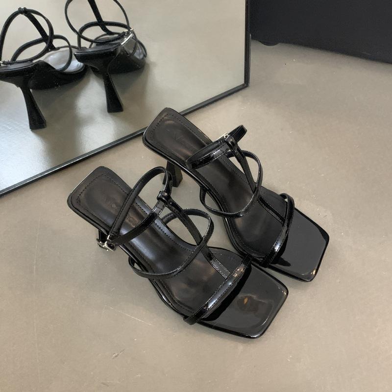 2025 лето новые квадратный носок стилет знаменитость высокий слово ремешок римские сандалии туфли на высоком каблуке женщины