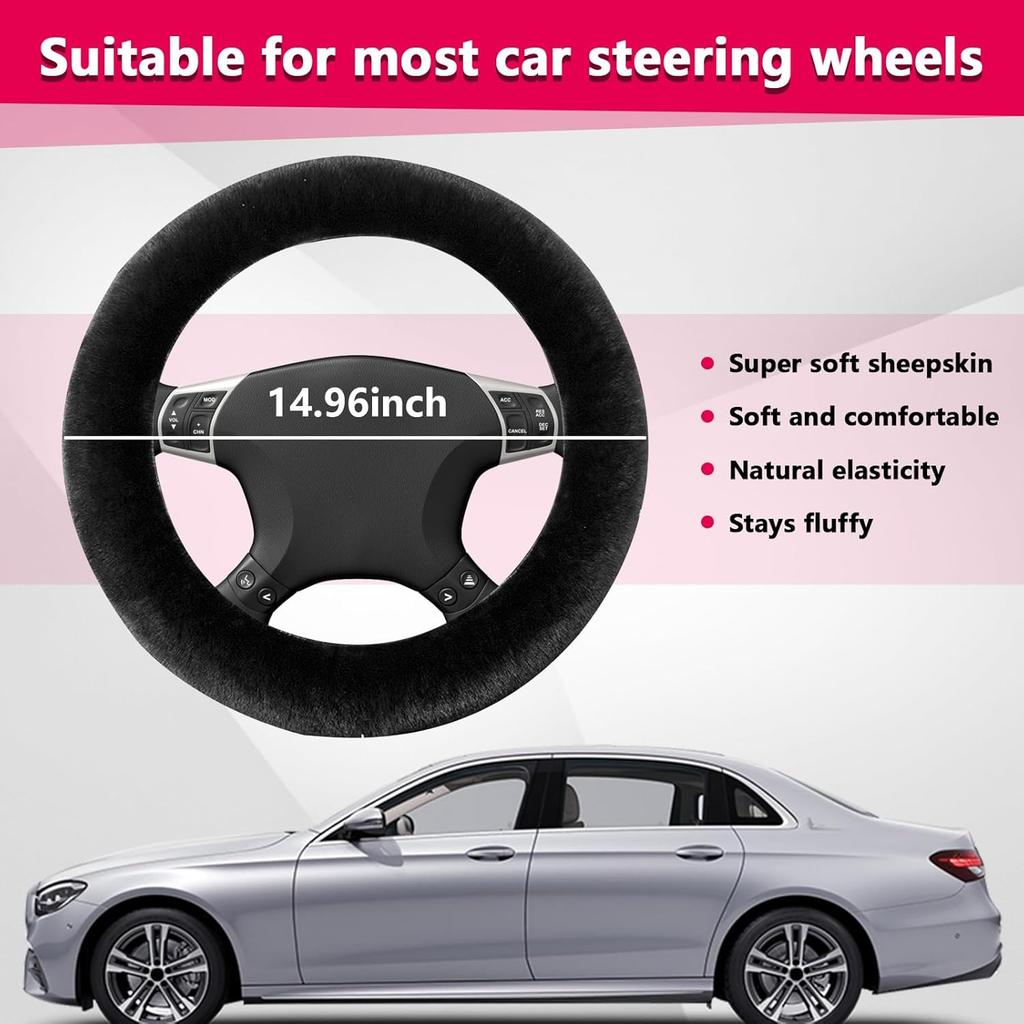 Fur Wool Sheepskin Car Steering Wheel Cover, 15 Inch Fluffy Anti-Slip Auto Steering Wheel Protector For Warm Winter, Universal Fuzzy Plush Vehicle
