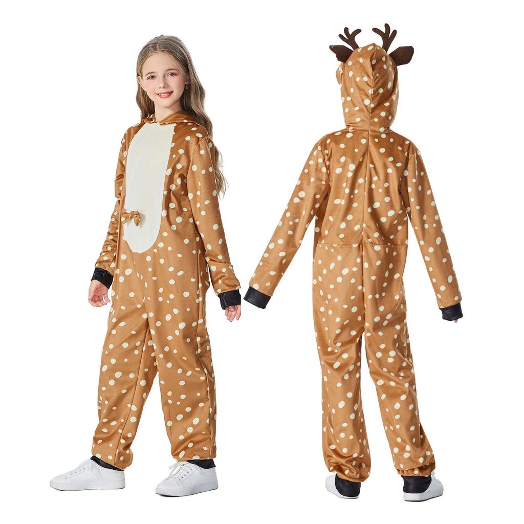 Kids Girls Sika Deer Elk Christmas Reindeer Hooded Jumpsuit Children Halloween Role Play Cosplay Costumes