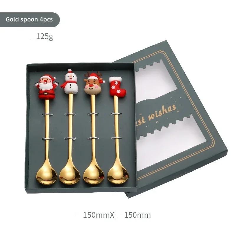 4/6PCS Christmas Gifts Stainless Steel Spoons Forks Set Decoration Glod Silver Elk Deer Dessert Coffee Spoon for Kids Gift Box