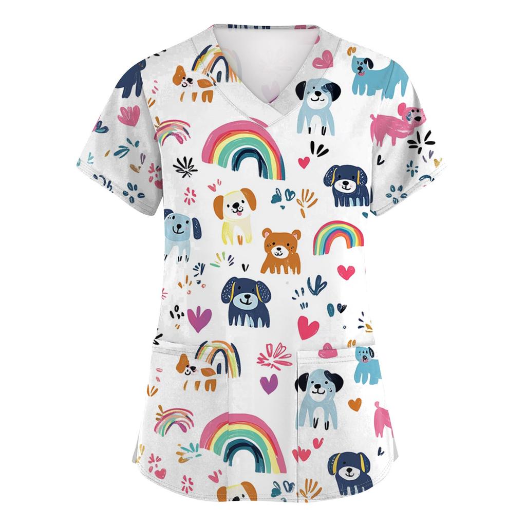 Женская модная футболка с короткими рукавами и v-образным вырезом с принтом, маленькая рабочая футболка с карманами