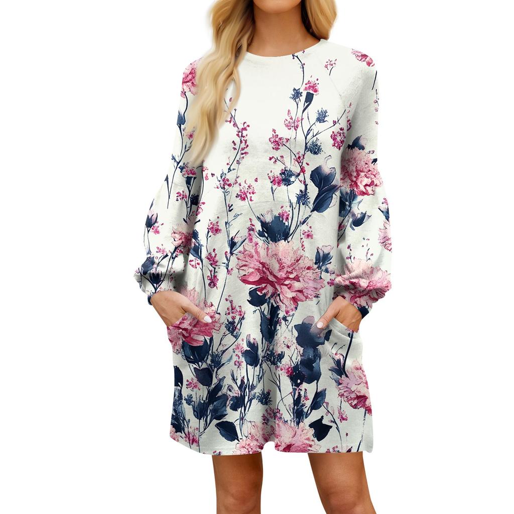 Модное женское платье трапециевидной формы с длинным рукавом. Осенний повседневный пуловер с круглым вырезом. Свободное платье с карманами.