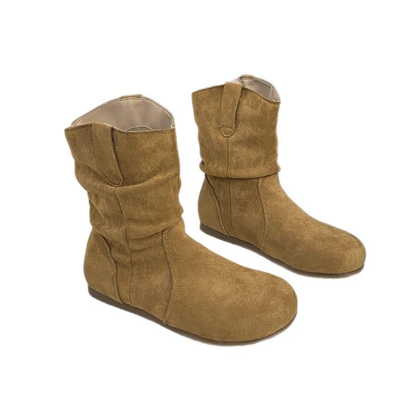 Матовая версия~ Ретро короткие ботинки на плоской подошве женские ковбойские ботинки осень и зима с рукавом круглый носок на наборном каблуке облегающие короткие женские ботинки