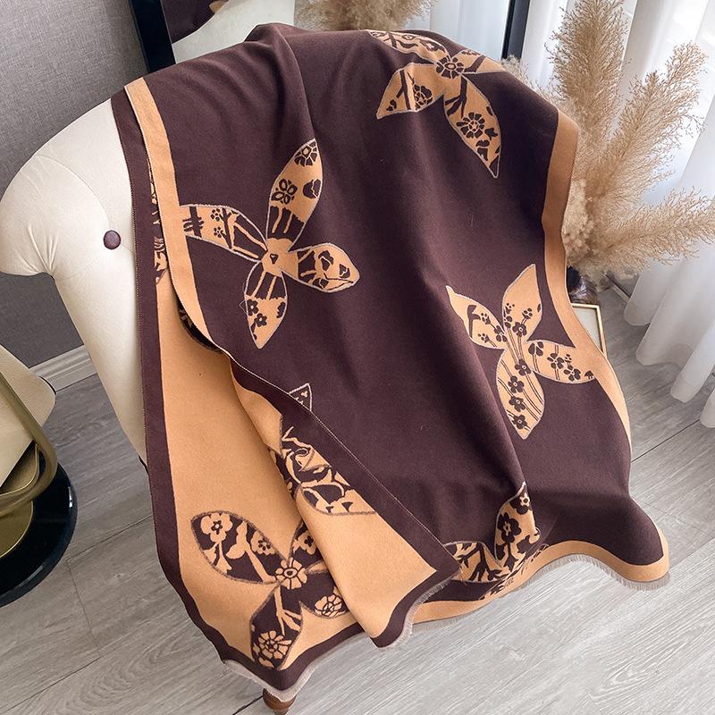 Double-Sided Flower Print Scarf Femininity Thickened High-End Warm Office Shawl Cape