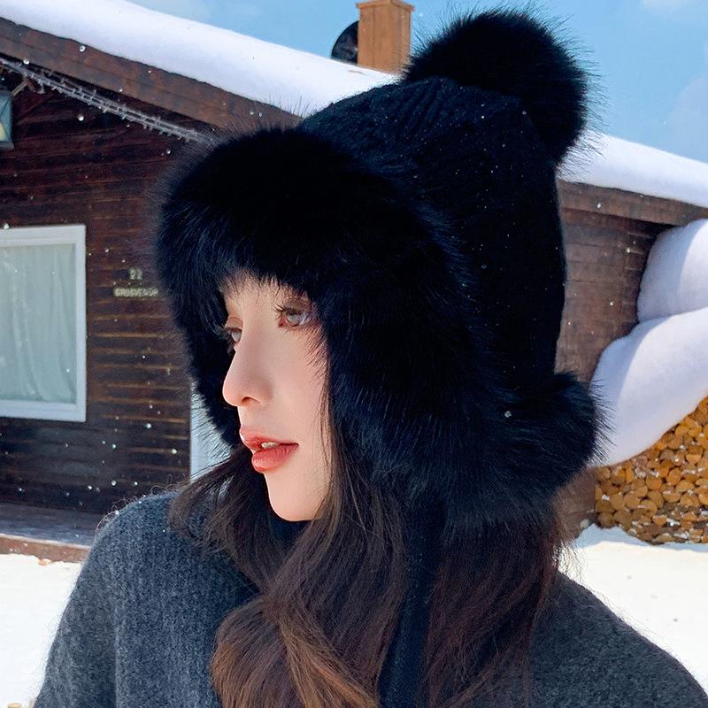 Зимняя шапка из искусственного меха лисы для женщин - толстая теплая вязаная шапка-ушанка, ручная стирка, смесь хлопка, не растягивается