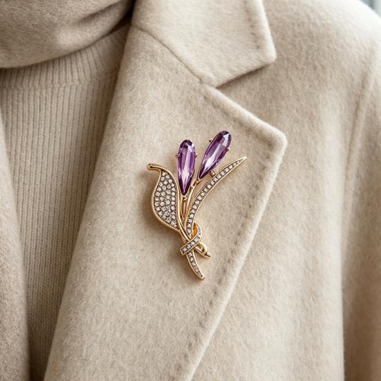 Metal Brooch Pin Ear of Wheat with Rhinestone, Faux Purple Crystal Suit Lapel Pin, Dainty Jewelry for Coats Sweaters Scarves Decorative