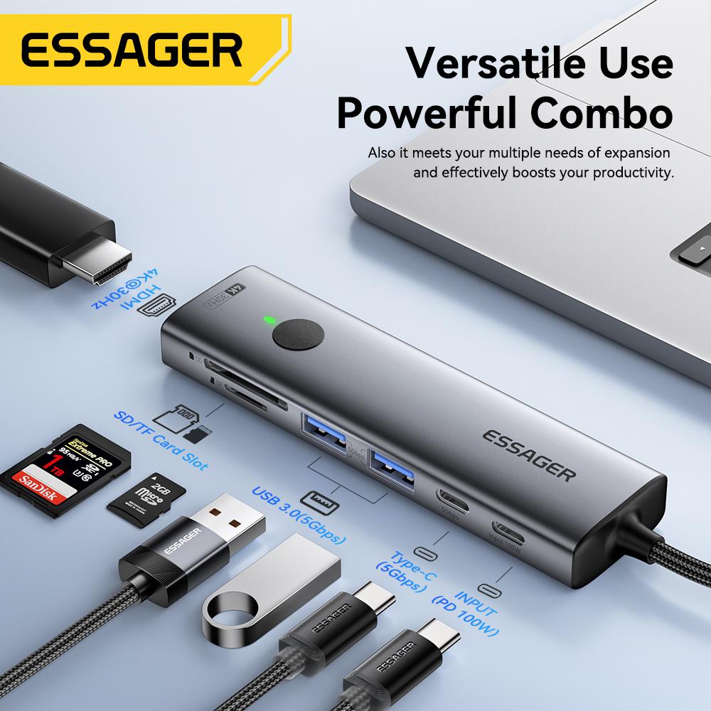 Essager USB C ХАБ 4K 7-в-1 Type C на HDMI PD 100 Вт SD&TF USB 3.0 5 Гбит/с Многопортовый адаптер для MacBook Ноутбука iPad Телефона Разветвитель