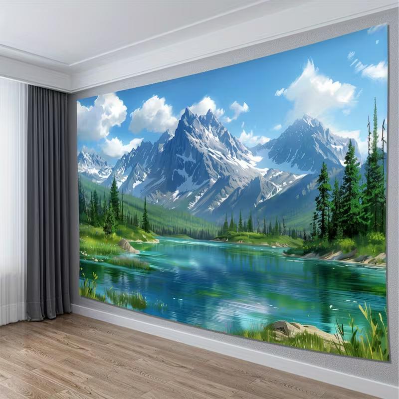 2D Peaceful Lake Mountain Backdrop, Snow-Capped Peaks & Forest Photo Background