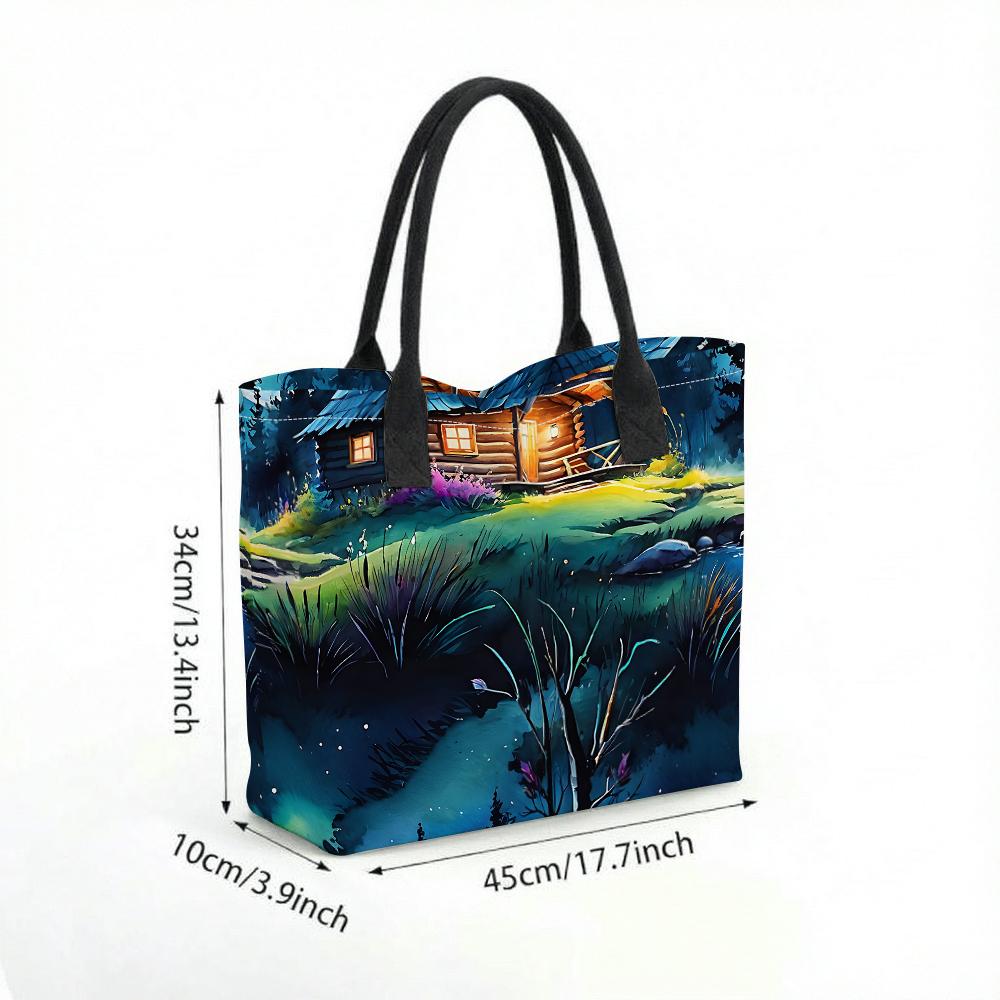 Watercolor Forest Cabin Printed Canvas Tote Bag Casual Large Capacity Shoulder Handbag for Daily Use