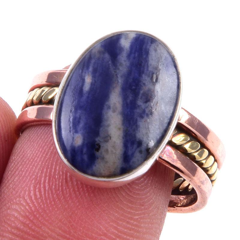 Двухцветное кольцо ручной работы из стерлингового серебра 925 пробы с натуральным драгоценным камнем содалитом, размер 9 l7Z56