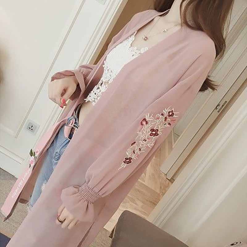 Summer Women's Cardigan Long Sleeved Sunscreen Chiffon Shirt Medium Long Anti Ultraviolet Embroidered Shawl Ultrathin Coat