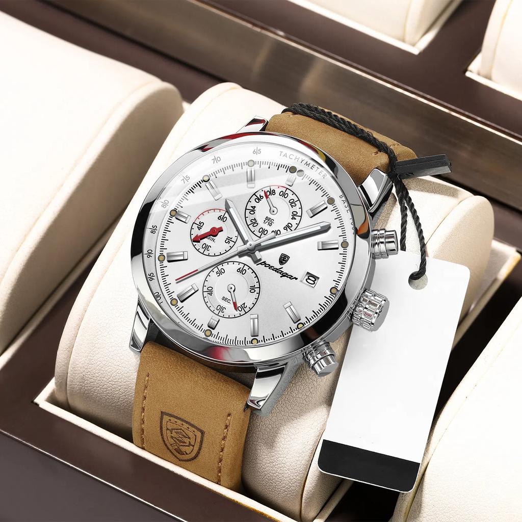 Новые мужские часы POEDAGAR Brand Luxury Leather Strap Водонепроницаемые спортивные кварцевые часы с хронографом, военные часы для мужчин