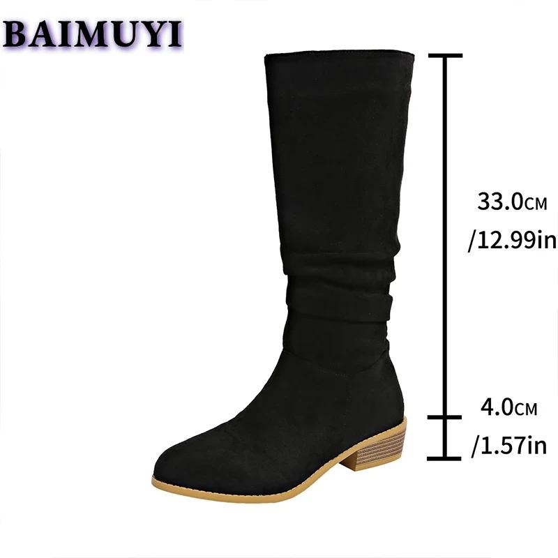 Pointed Toe Mid Heels Women Shoes Mid-calf Boots 2025 Trend Fashion Casual Pleated High Boots New Suede Goth Pumps Mujer Botas