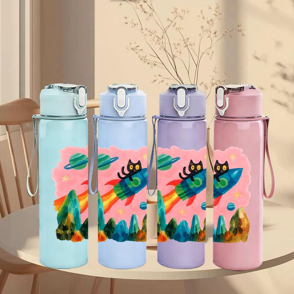 1PC Mountain Rocket Cartoon 750ml Color Plastic Sports Water Bottle Leakproof Flip Straw Lid Suitable for Sports Office Home Use